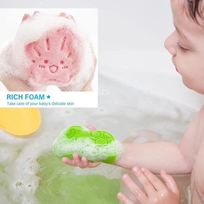 DANCELF Baby Bath Sponge, Natural Cute Shapes Soft Shower Sponges for Bathing, Bathtub Foam for Infants and Toddler, 3pcs: Blue Dolphin, Pink Shell, Green Turtle