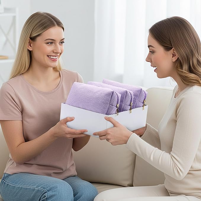 Sanwuta 6 Pcs Seersucker Cosmetic Bags Bulk Seersucker Makeup Bags Stripe Women Pouch Large Preppy Storage Pouch Toiletry Travel for Wedding Bridesmaid Bride Favor Back to Teacher Gift (Purple)