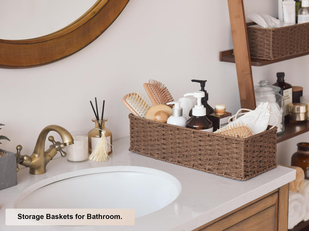 StorageWorks Round Paper Rope Toilet Tank Topper Basket, Wicker Basket for Bathroom, Brown, 2-Pack
