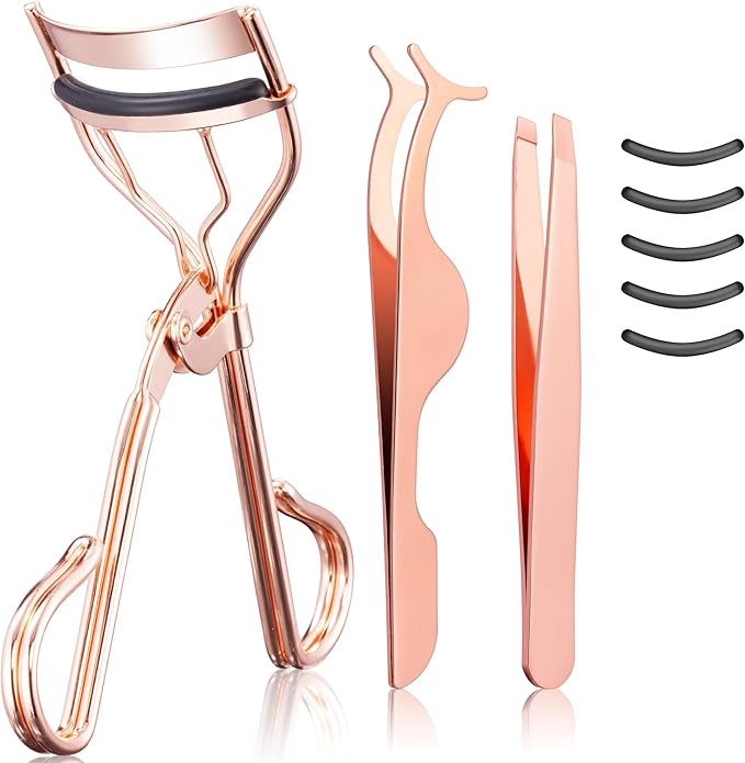 3-in-1 Professional Eyelash Curler Kit – Salon-Perfect Lashes at Home!Includes: Eyelash Curler (w/Replacement Pad), Eyebrow Tweezers & Curved Applicator Toolr – Travel-Friendly & Pain-Free (Rosegold)