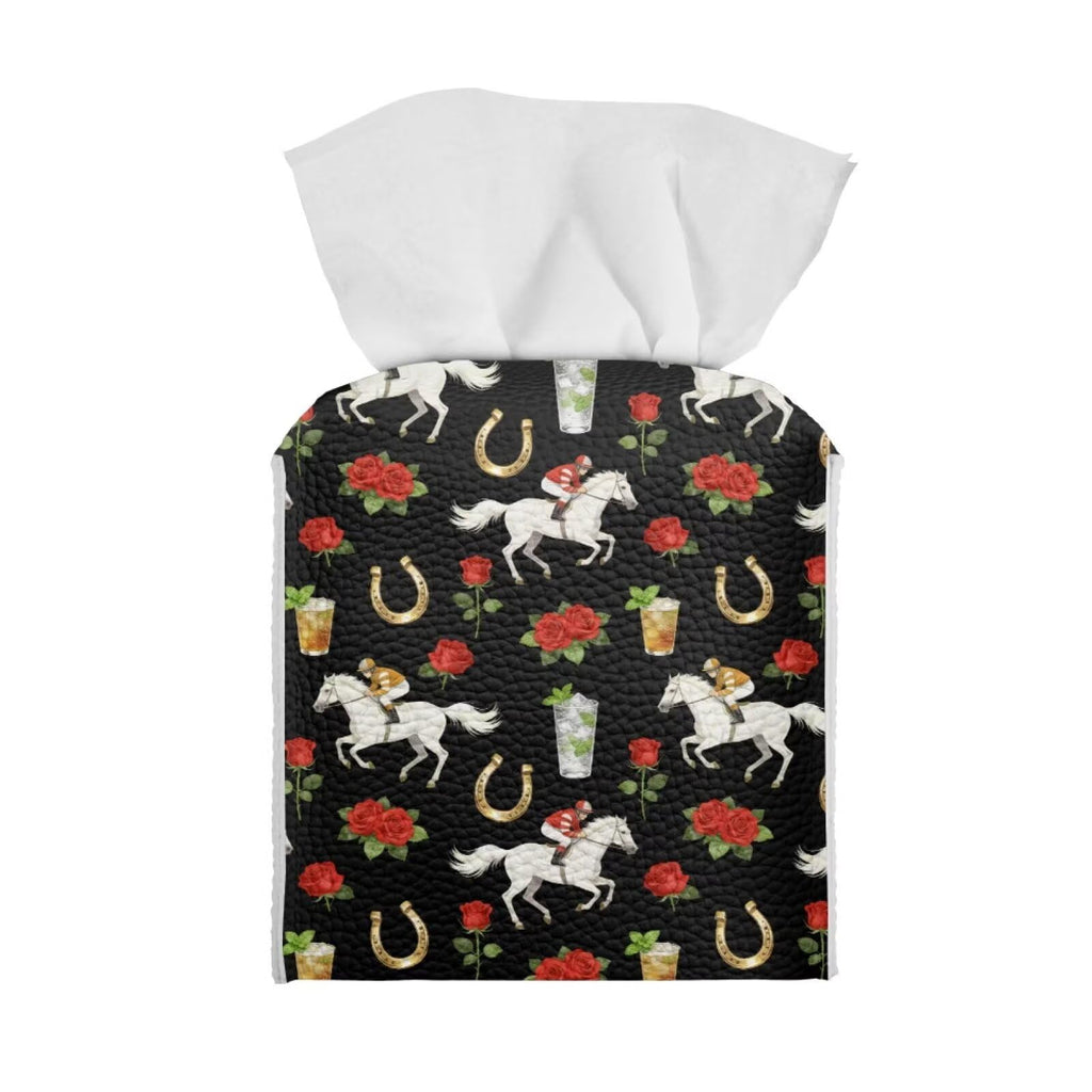 Pzuqiu Rose Racing Horse Decorative Tissue Box Cover, Waterproof PU Leather Square Holder with Metal Button, Protective Napkin Case for Bathroom Countertop, Office Desk, and Car Interior