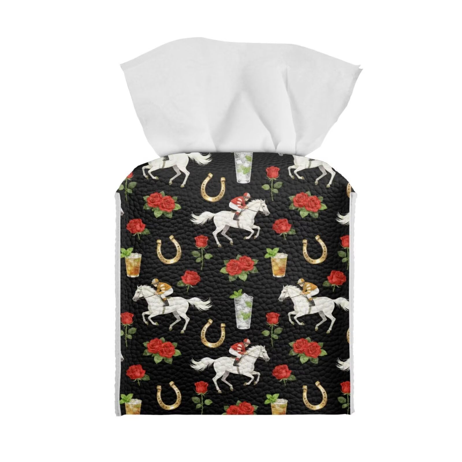Pzuqiu Rose Racing Horse Decorative Tissue Box Cover, Waterproof PU Leather Square Holder with Metal Button, Protective Napkin Case for Bathroom Countertop, Office Desk, and Car Interior