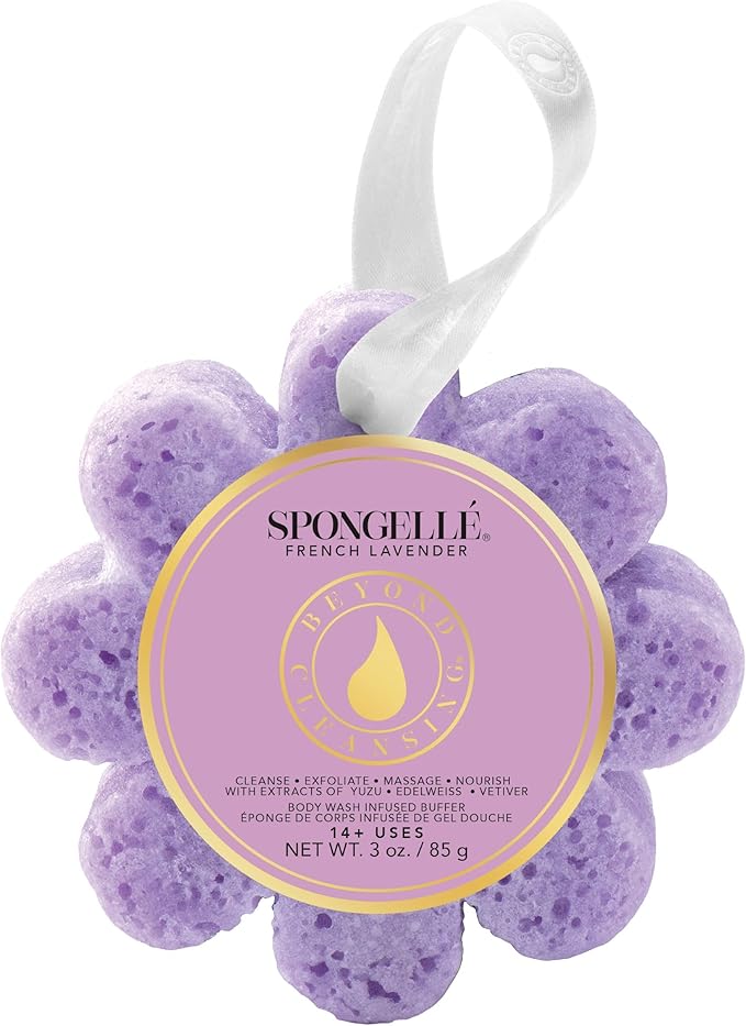 Spongellé Freesia Pear Wild Flower Bath Sponge | Built-in Body Wash & Body Scrubber, Shower Loofah Sponge for Women | 14+ uses