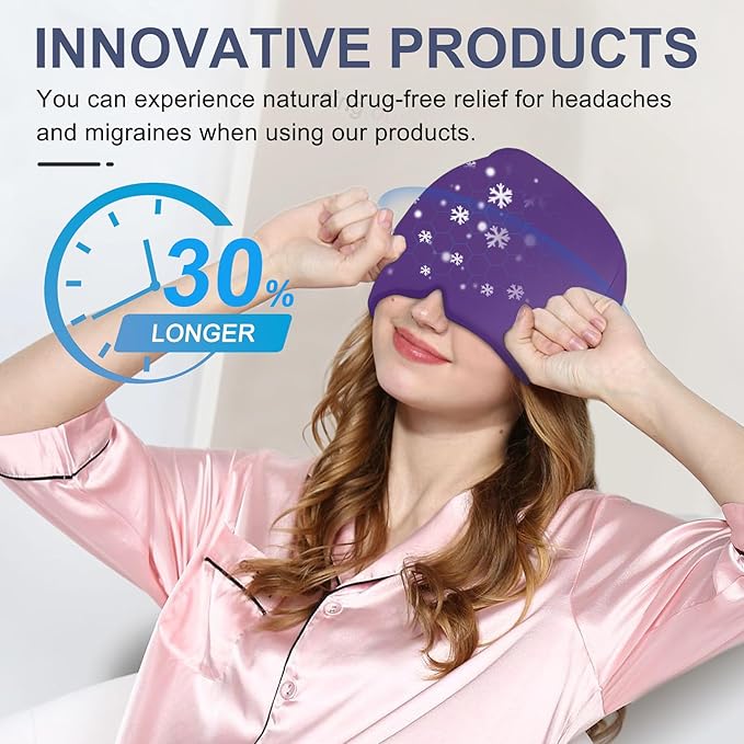 EXQUISLIFE Migraine Headache Relief Cap, Gel Ice Head Wrap, Hot and Cold Therapy, Headache Eyes Mask for Sinus, Puffy Eyes, Tension and Stress Relief (Purple)