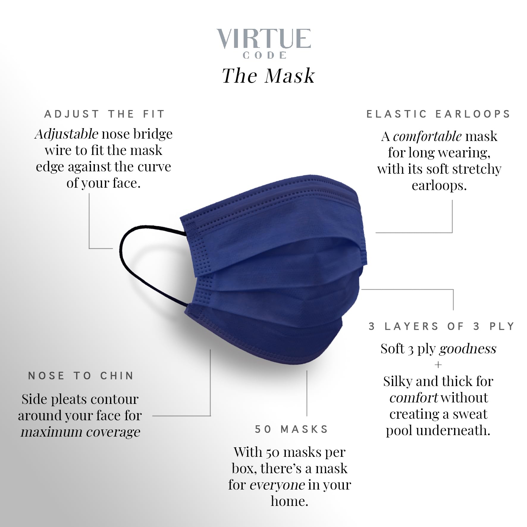VIRTUE CODE Support Face Masks - Soft 3 Ply Comfort Colorful Disposable Face Mask 50 Pack. Blue Purple Green Colored Masks. Adults Mens and Womens Disposable