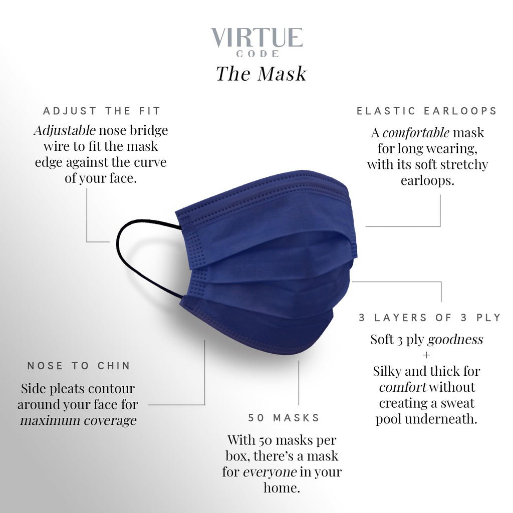 VIRTUE CODE Support Face Masks - Soft 3 Ply Comfort Colorful Disposable Face Mask 50 Pack. Blue Purple Green Colored Masks. Adults Mens and Womens Disposable