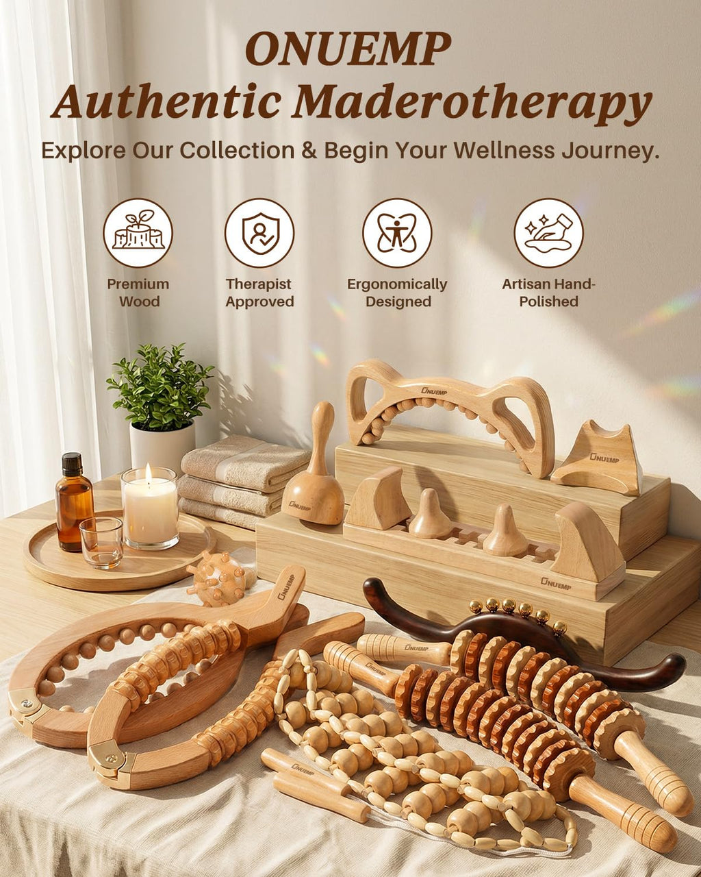 ONUEMP 2PCS Wood Therapy Massage Tools, Wooden Massage Roller Stick & Back Massager Roller Rope, Maderoterapia Kit Colombiana for Lymphatic Drainage, Anti Cellulite, Body Sculpting, Ease Deep Tissue