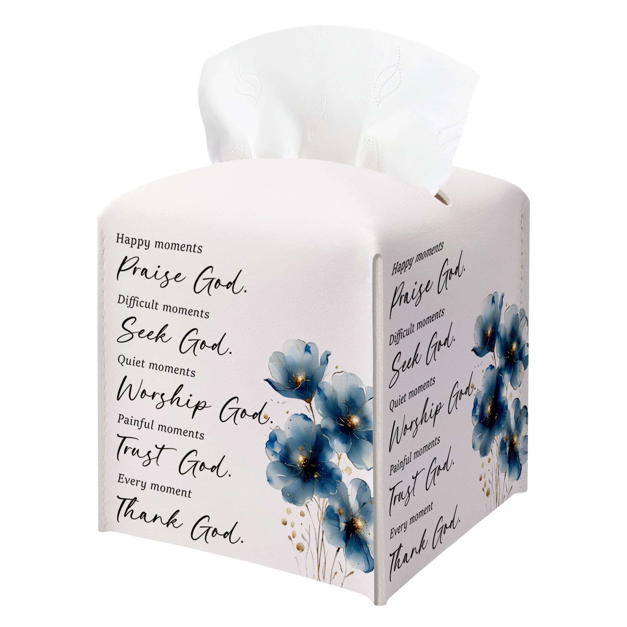Blue Floral Tissue Box Cover, PU Leather Drawstring Bottom - Thank God, Inspirational Quotes, A Thoughtful Gift for Friends, Colleagues & Christian Loved Ones | Decorative Organizer