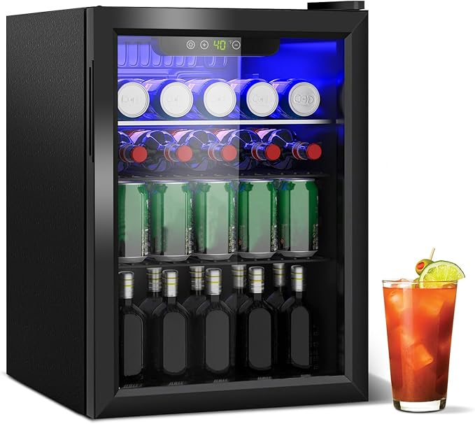 DOGHLY Beverage Refrigerator Cooler, 95 Can Mini Fridge Glass Door for Drinks Soda, Beer, or Wine - Small Refrigerator for Office Bedroom Home Bar, Adjustable Shelves, 2.6 Cu.Ft, Black
