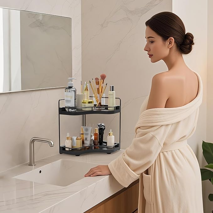 Aollewoiti 2-Tier Corner Bathroom Counter Organizer with Embedded Screw Holes, Secure & Stable Wood Vanity Shelf for Makeup and Skincare Essentials - Space Saving Bathroom Countertop Storage, Black