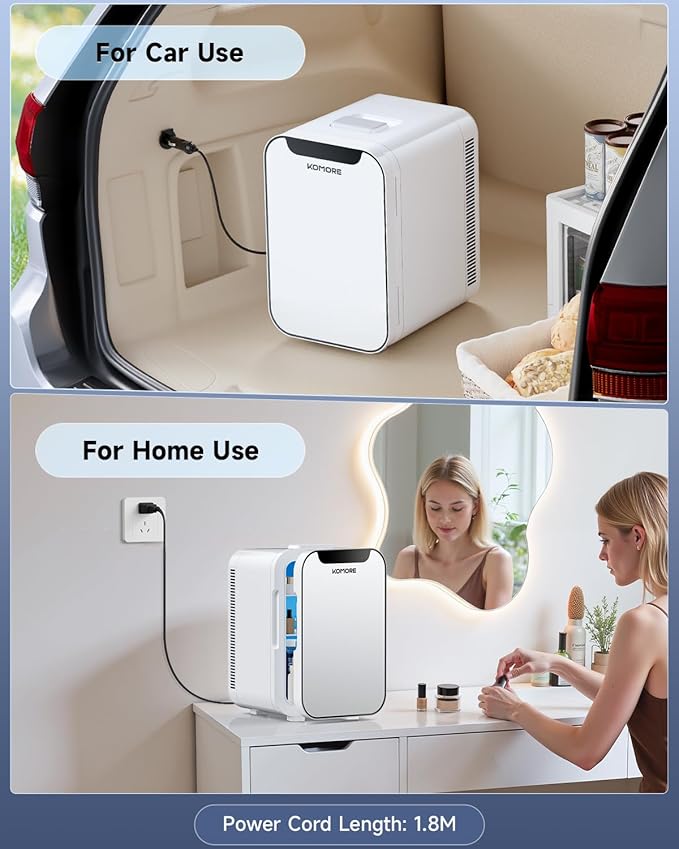 KOMORE Small Mini Fridge, 18L Portable Tiny Fridge for Skincare, 120V/12V Makeup Refrigerator Mini, Thermoelectric Cooler & Warmer for Drinks, Food, Cosmetics for Office/Dorm/Car/Travel, White