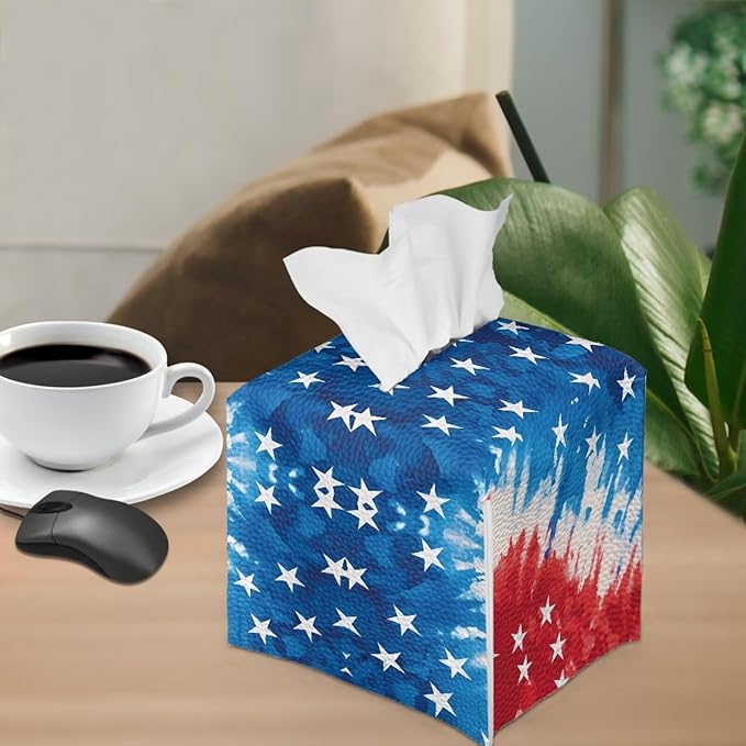 American Tie Dye Decorative Tissue Box Cover, Waterproof PU Leather Square Holder with Metal Button, Protective Napkin Case for Bathroom Countertop, Office Desk, and Car Interior