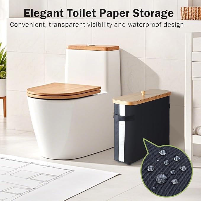 VVTHIP Bathroom Toilet Paper Storage Basket with Lid and Handle， Bamboo Collapsible Toilet Paper Holder Storage with Non-Slip Bottom,Extra Toilet Roll Storage, Black