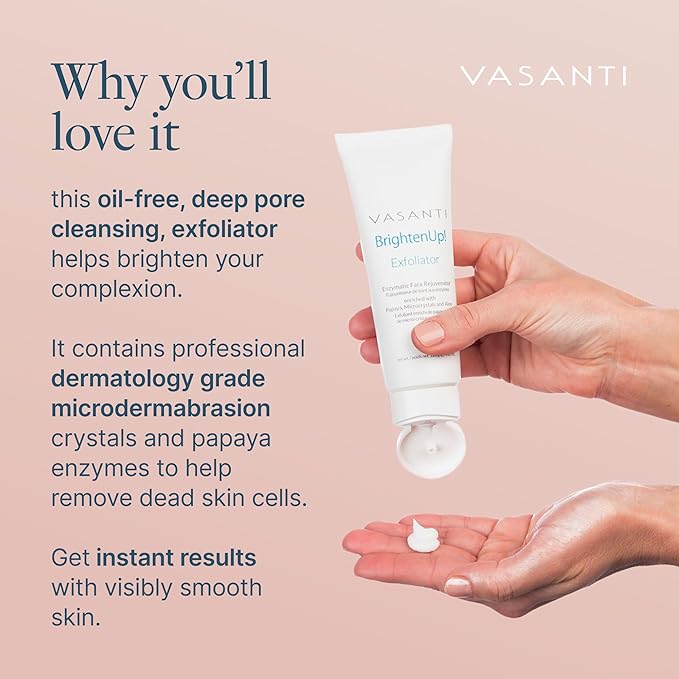 VASANTI BrightenUp! Exfoliator (20g) | Physical + Chemical Facial Exfoliator Scrub with Instant Results for Soft, Smooth and Radiant Skin | Enriched with Papaya, Microcrystals and Aloe | 99% Natural