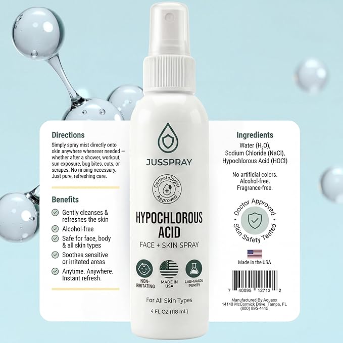 Jusspray™ Hypochlorous Acid Spray for Face and Skin | HOCI Facial Cleanser Mist | 4 oz Hypochlorous Acid for Face, Skin, Acne, Eczema, Body Acne Sprays, Piercing Aftercare, Wound Solution