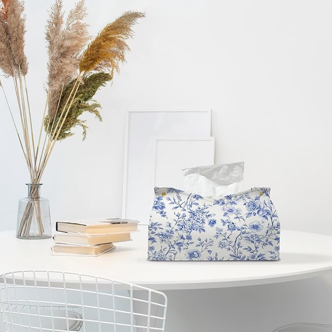 Light Blue Chinoiserie Tissue Box Cover Rectangle,Blue and White Floral Toilet Paper Box Holder,PU Leather Decorative Facial Paper Case for Bathroom Kitchen Office Desk,9.8x5.9x5.9