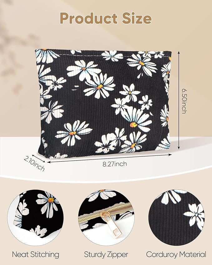 Ksriylm Cute Elegent Black Floral Flower Makeup Pouch for Women Small Make Up Bag for Purse Zipper Initial Makeup Cosmetic Bags Pouches for Purse Aesthetic Travel Toiletry Bags