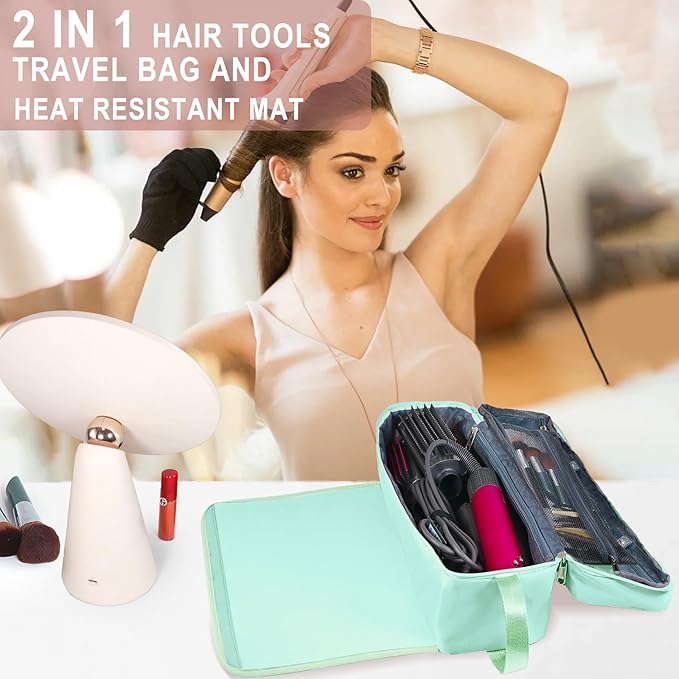 FAMOPLAY Hair Tools Travel Bag with Heat Resistant Mat Hair Styling Accessories Storage Case for Hair Dryer Flat Iron Straightener Curling Iron Haircare Accessories Travel Essentials for Women