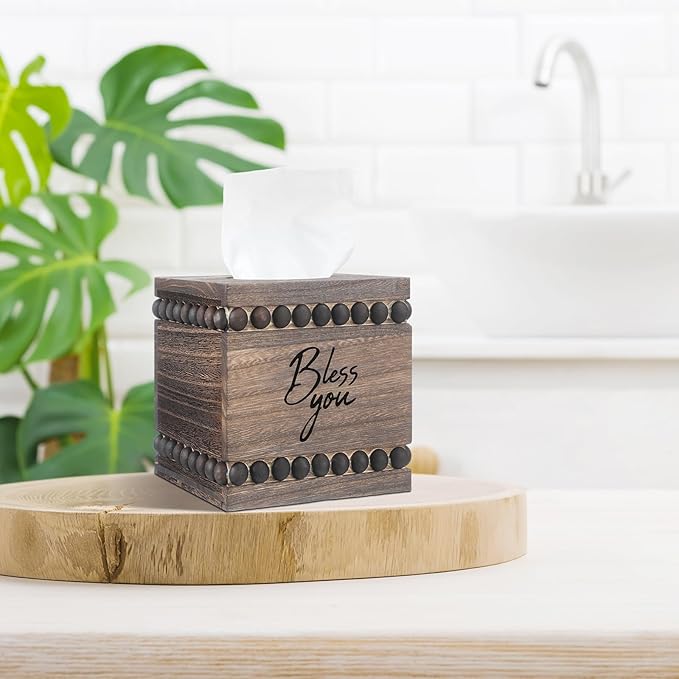 Bless You Beaded Square Tissue Box Cover, Rustic Farmhouse Vintage Wooden Tissue Holder Box Distressed Napkin Holder for Table Bathroom Decor (Brown)