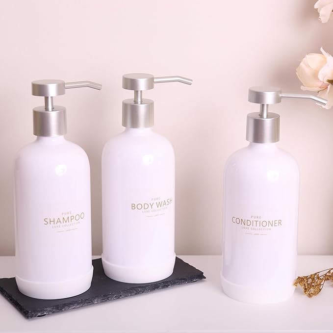 Janxin Shampoo and Conditioner Dispenser Set of 3,Refillable 21oz Shampoo Bottles with Non-Slip Protective Silicone Pad,Shower Soap Dispenser with Waterproof Labels for Bathroom (White)