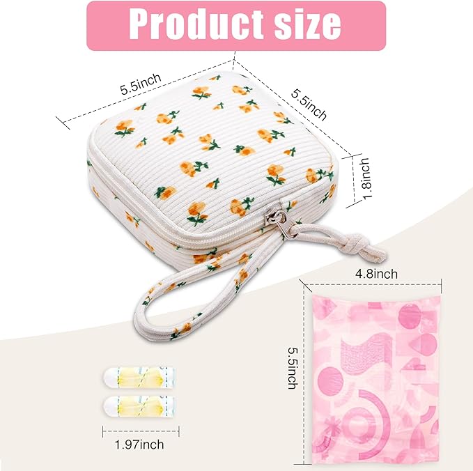 Chicarries Small Makeup Bag | Discreet Period Bag Pad Pouch for Purse| Sanitary Napkin Storage & Tampon Holder for Travel (Flower yellow)
