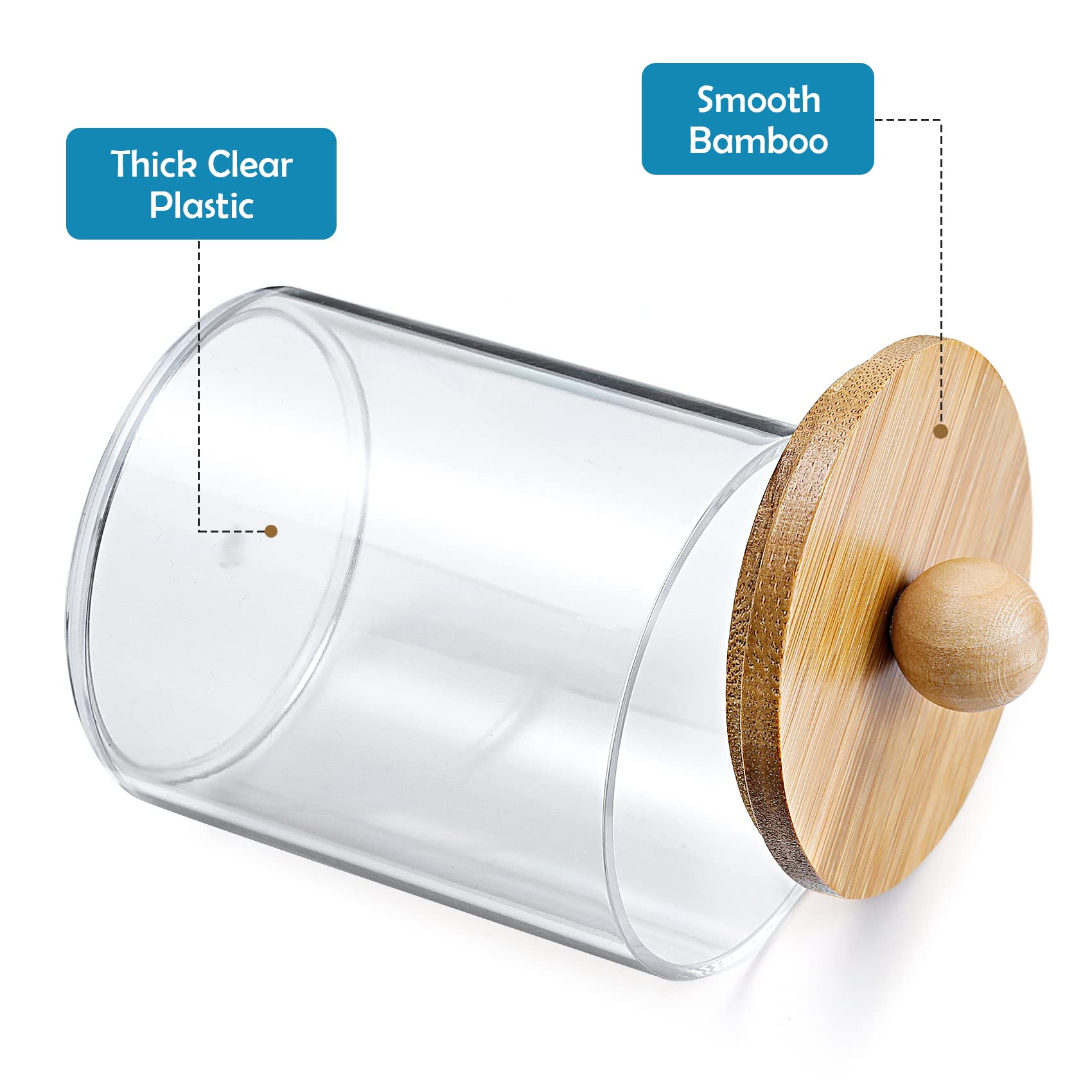 2 Pack Qtip Holder Dispenser with Bamboo Lids - 10 oz Clear Plastic Apothecary Jar Containers for Vanity Makeup Organizer Storage - Bathroom Accessories Set for Cotton Swab, Ball, Pads, Floss