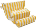 Beayuva 3 Pcs Makeup Bag Set Striped Canvas Purse Cosmetic Bag For Women Travel Toiletry Pouch Organizer pencil case (Yellow-White)