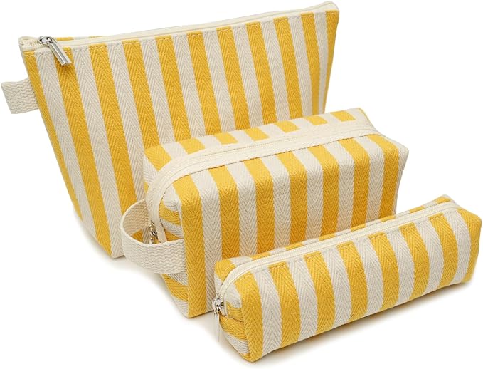 Beayuva 3 Pcs Makeup Bag Set Striped Canvas Purse Cosmetic Bag For Women Travel Toiletry Pouch Organizer pencil case (Yellow-White)