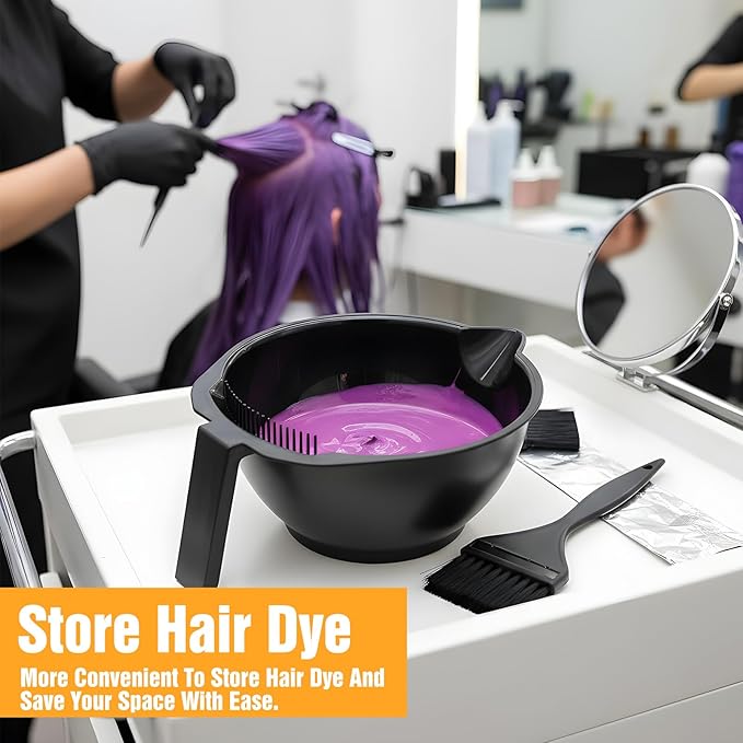zisiueel Hair Dye Bowl Set - 6 Black Hair Color Mixing Bowls with Measurements, Pour Spout, Handle & Combed Edge - Reusable Salon Hair Coloring Bowls for Professional or Home Use ﻿