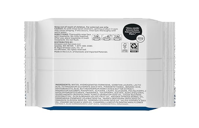 Amazon Basics Makeup Remover Wipes, Gentle Cleansing, Dermatologist Tested, Original, Plant Based, Alcohol-Free, Removes Waterproof Mascara, pH Balanced, 25 Count, 6-Pack