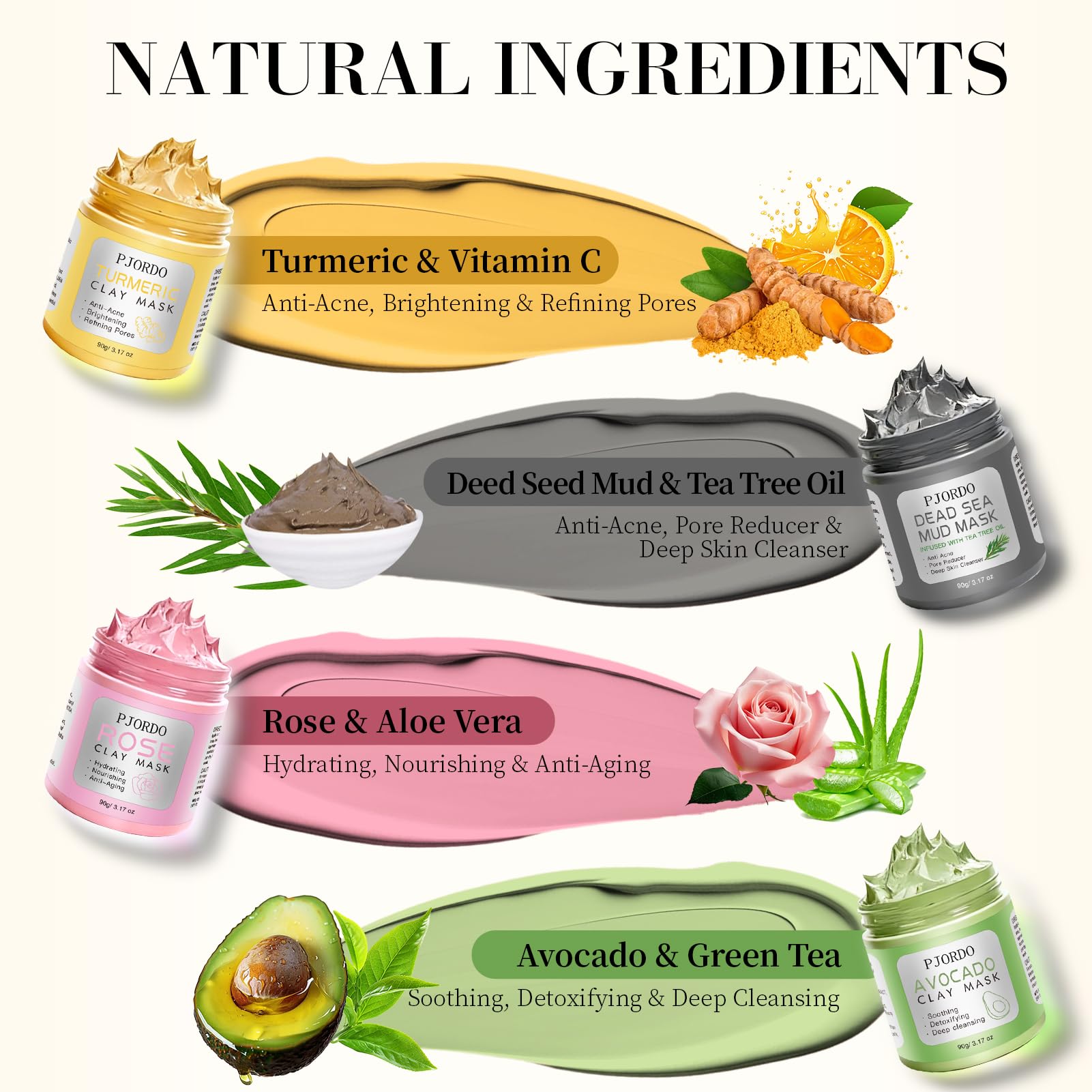 Pjordo 4 Pcs Clay Mask for Face(360g in Total), Turmeric Vitamin C, Dead Sea Mud, Green Tea Avocado, Rose, Face Masks Skincare for Pore Cleansing, Facial Masks for Women Skin Care, 3.17 Oz Each