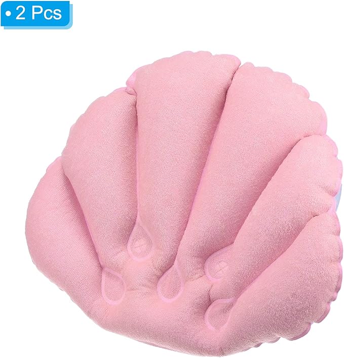 PATIKIL Inflatable Bath Pillow with Suction Cups, 2 Pack Terry Cloth Covered Shell Shape Bathtub Spa Pillow Neck Support for Bathtub Hot Tub, Pink