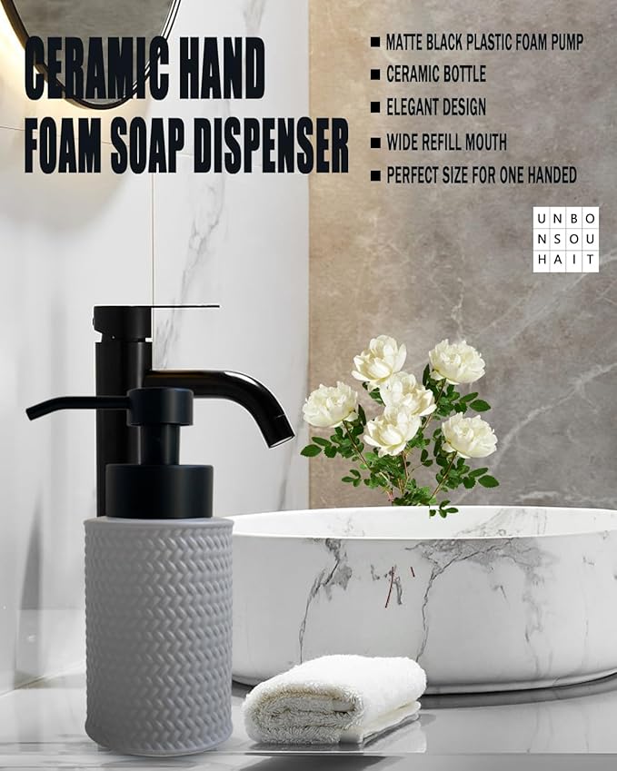 10 Oz Foaming Soap Dispenser for Bathroom,Kitchen Foam Soap Dispenser,Refillable Modern Foam Pump Bottle,Black Ceramic Foaming Hand Pump Dispenser (Grey Weave)