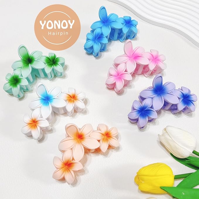 YONOY 6Pcs Flower Hair Clips for Women,Non-Slip Matte Flower Hair Clips for Women,Hawaiian Hair Flower Clip Large Plumeria Strong Hold Hair Claws Banana Cute Clip Beach Hair Accessories