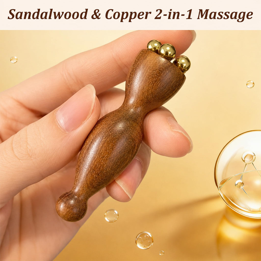 Sandalwood Facial Massage Tool, Dual Head Eye Massager with 5 Copper Beads