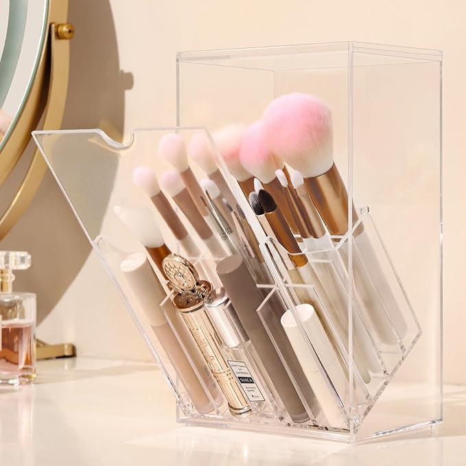 LOHRYVIO Acrylic Makeup Brush Holder with Slanted Flip-Top Lid - Clear Dustproof Cosmetic Make up Brush Organizer and Storage Box - Large Capacity 17-Slots Container for Vanity Brushes (Transparent)