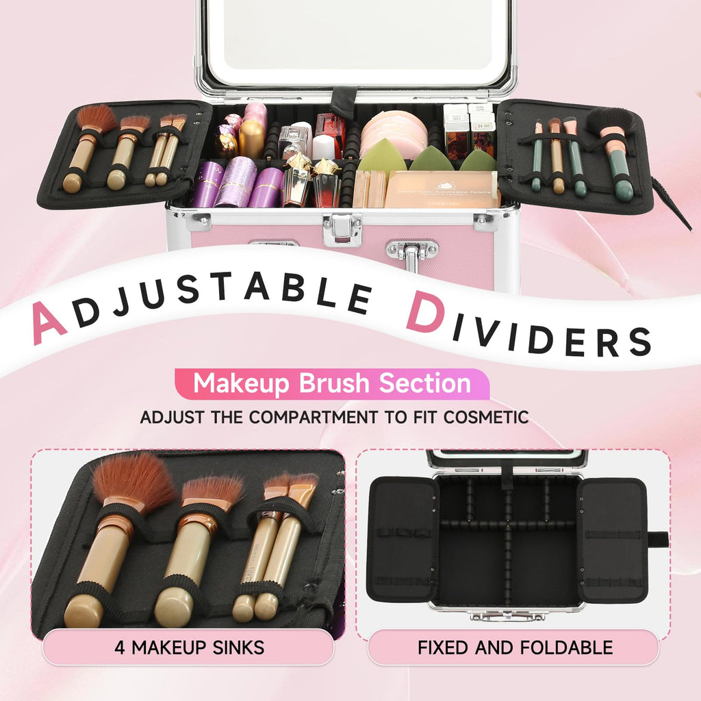 Leeora&Leekoo Makeup Box with Lighted Mirror,Portable Makeup Train Case Organizer (Pink1)