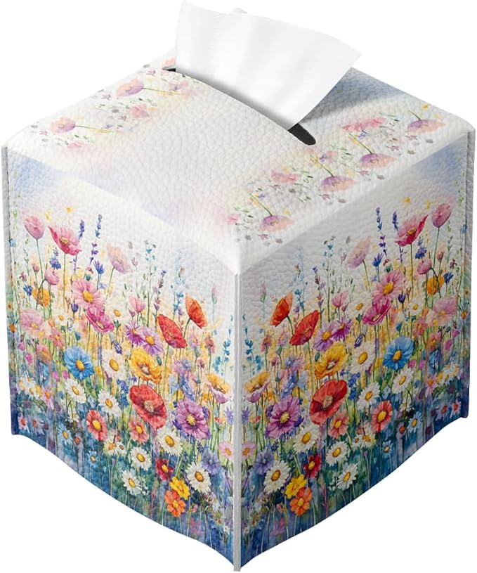 Flower Tissue Box Cover Vibrant Watercolor Bloom Field Dreamy Spring Art Square PU Leather Waterproof Tissue Box Holder for Car Bathroom Bedroom Office Tabletop Decor