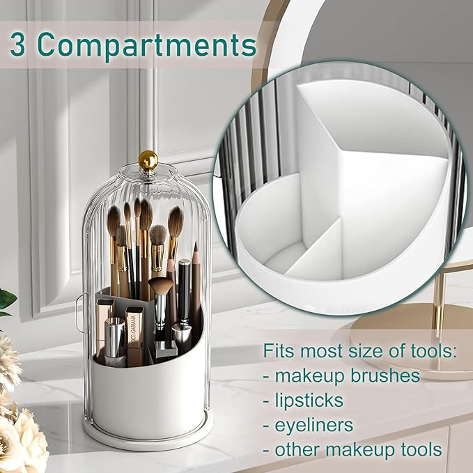 GAXmi Makeup Brush Holder with Lid Rotating Cosmetic Organizer, Transparent