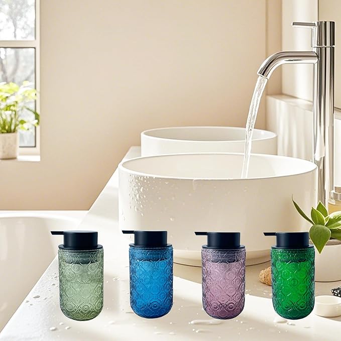 Foaming Hand Soap Dispenser,Vintage Glass Soap and Lotion Dispenser for Bathroom,Kitchen Dish Soap Dispenser with Black Foam Pump (Light Green Begonia Flower+Black Lid)