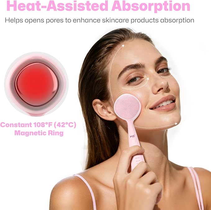 PRITECH Facial Cleansing Brush with Vibrating, Rechargeable Silicone Face Scrubber for Deep Pore Cleaning, Exfoliator & Waterproof Face Brush with Heat End for for Women and Men (Pink)