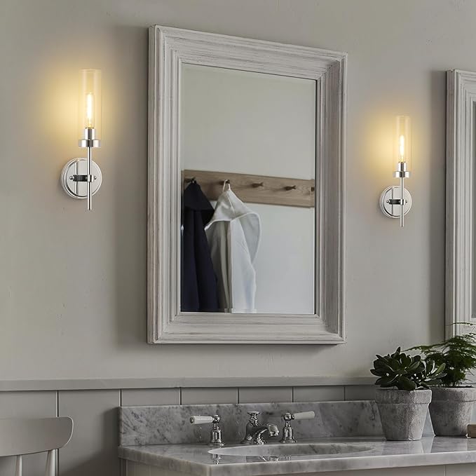 WILON Modern Wall Sconces Set of 2, Chrome Bathroom Light Fixture with Long Clear Glass Shades, Indoor Siver Wall Lamp for Vanity Mirror Bedroom Living Room Bedside Hallway Corridor Stairs