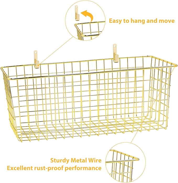 2 Sets Extra Large Hanging Wall Basket, Gold Metal Wire Baskets with Steel Hooks for Organizing, WallmountedFruit Vegetable Toy Snack Storage, Home Kitchen Bathroom Laundry Pantry Organizer