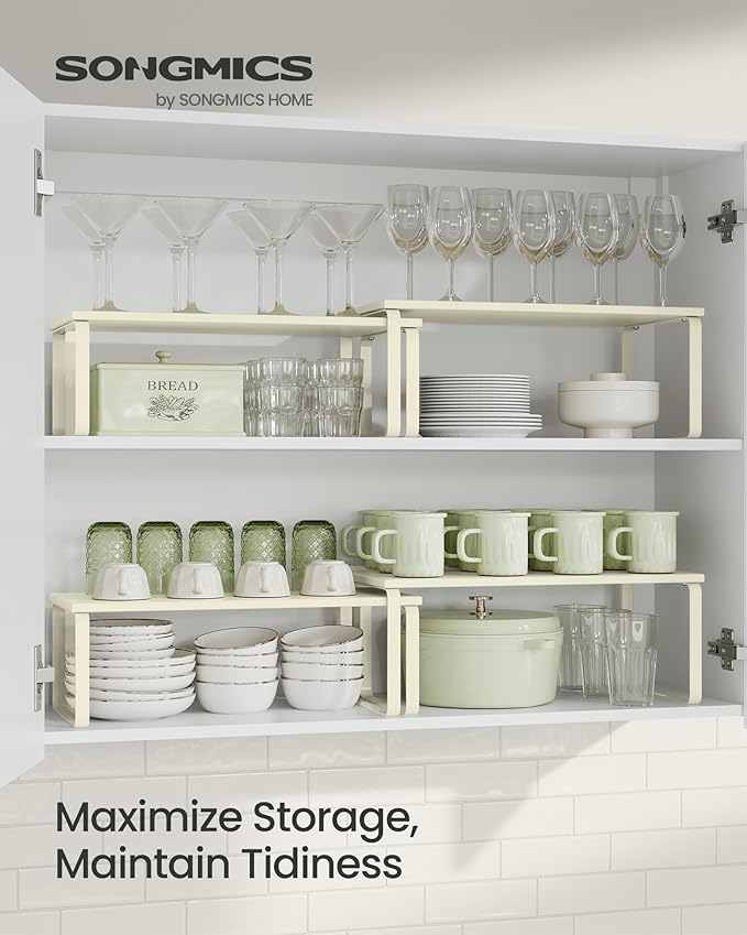 SONGMICS Cabinet Organizer Shelf, Set of 2 Kitchen Counter Shelves, Kitchen Storage, Spice Rack, Stackable, Expandable, Metal and Engineered Wood, 15.6 Inches, Cream White UKCS200W02