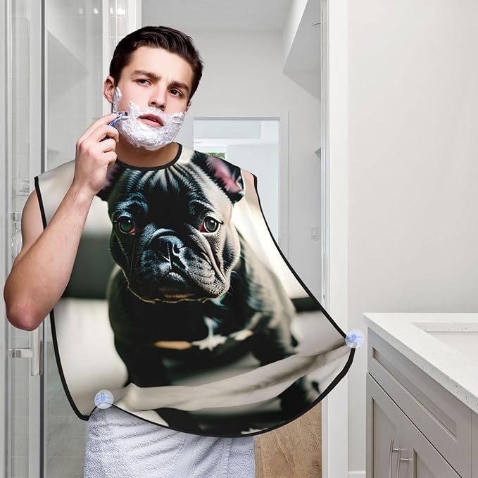 NOUZU Adorable French Bulldog Print Beard Bib Apron For Men, Beard Hair Catcher For Men Shaving Trimming,Beard Cape Cloth, Black