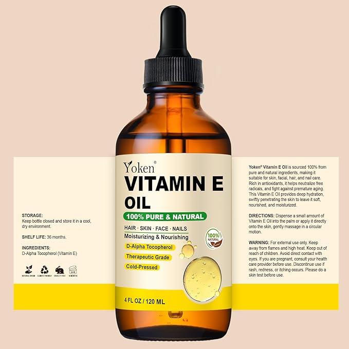 Yoken Vitamin E Oil for Skin 4 Oz Glass Bottle Vitamine Body oils for Face