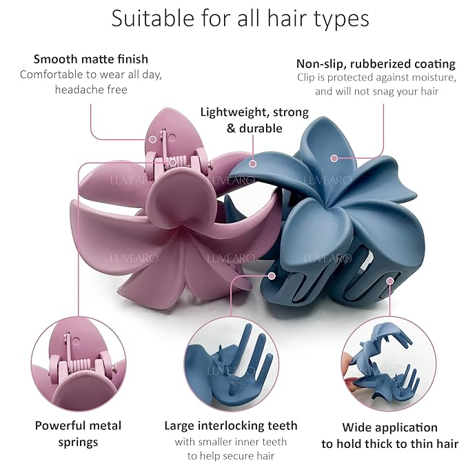 Flower Hair Clips for Women and Girls Thick to Thin Hair Medium Cute Claw Clips Decorative Plumeria Hawaiian Hair Accessories Nonslip Pastel Matte