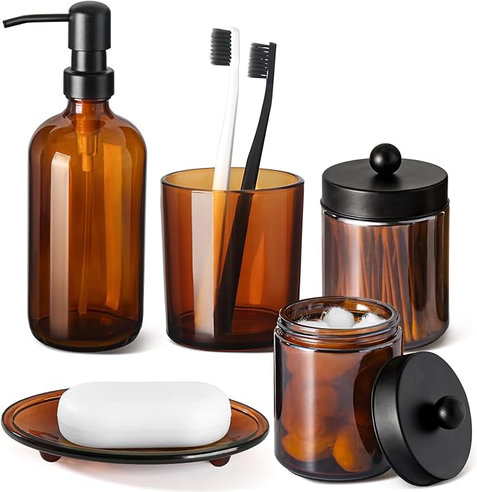 GMISUN Bathroom Accessories Set, 5 Pack Amber Glass Bath Accessory Sets Complete, Brown Soap Dispenser and Toothbrush Holder Bathroom Counter Sink Set with Labels, Rustic Modern Vintage Bathroom Decor