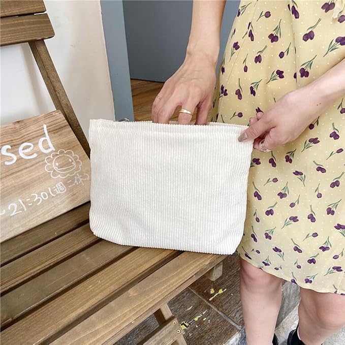 SxoSyo Corduroy Makeup Bags, Cosmetic Pouch for Purse, White
