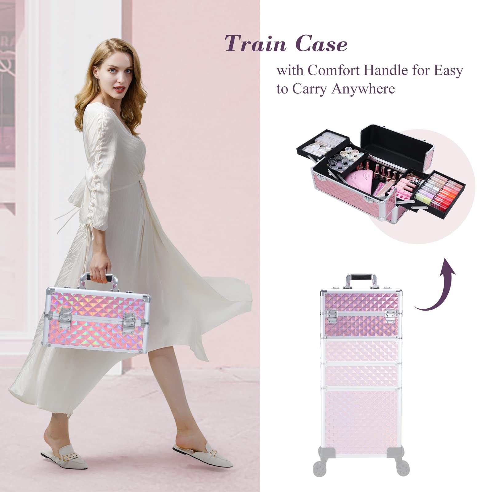 Adazzo 4 in 1 Rolling Makeup Trolley Train Case Cosmetic Suitcase, Box for Makeup Artist, Hairstylists, Nail Tech Students Barber Case with Keys Swivel Wheels - Shiny Pink